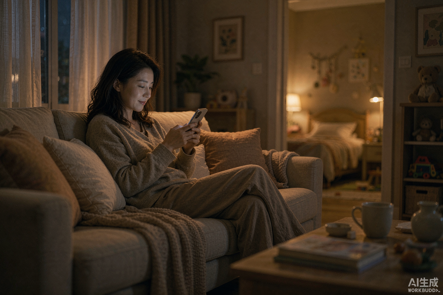 夜晚的客厅里，一位妈妈坐在沙发上看着手机，身后儿童房透出暖光